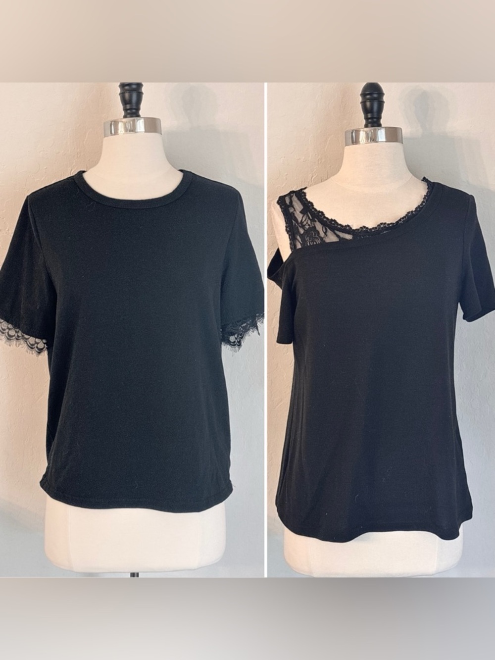 Bundle of 2 Black Short Sleeve Tops, Size Medium, Dazy, Lace Trim One Shoulder